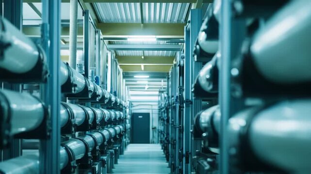 Industrial facility using advanced reverse osmosis membrane technology for large scale water filtration and desalination processes, ensuring clean water production for various needs