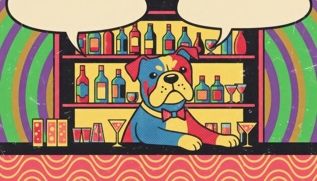 Pop art dog behind the bar happily serving drinks in a colorful and playful atmosphere