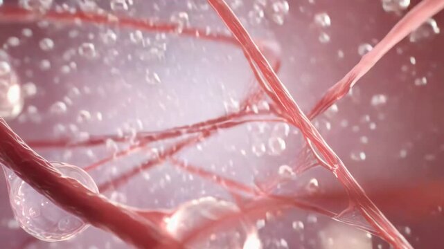 Collagen fibers with transparent spherical cells intertwining, forming a complex biological network within human tissue, illustrating a microscopic view of the body structure