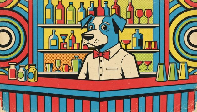 Pop art dog behind the bar happily serving drinks in a colorful and playful atmosphere