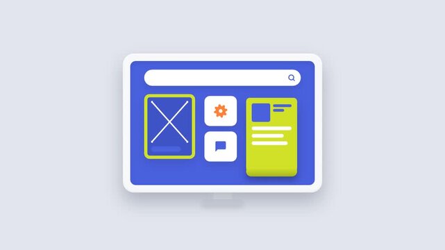 Flat lay of a blue and yellow website interface mockup on a light gray background.