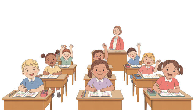 Teacher instructing cheerful students in a colorful classroom