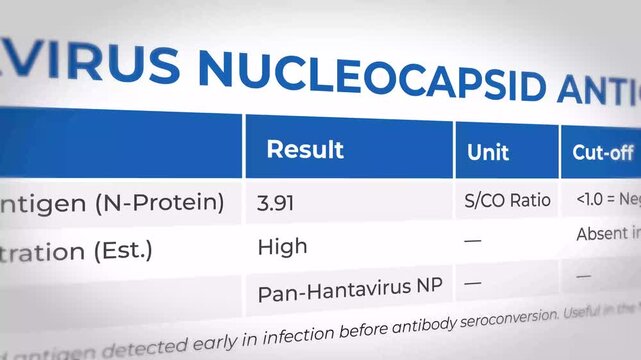 Close-up view of hantavirus nucleocapsid antigen test results showing high antigen concentration