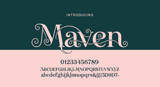 Maven font display with alphabet and numbers elegant script typeface