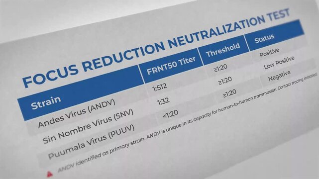 Focus reduction neutralization test results for Andes Virus and other strains