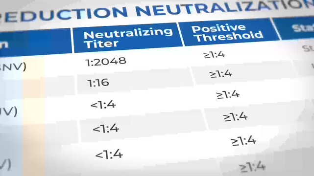 Close-up of a table showing virus strain and neutralization test results with blue headers