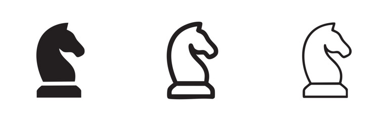 Chess knight piece icon set in solid, thick outline, and thin outline styles for board game strategy. © liubomir118809