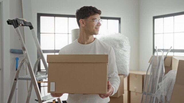 Man holding a cardboard box and smiling while carrying it inside an apartment building, ladder and packed boxes visible; moving day contentment.