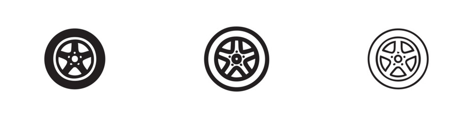 Naklejka premium Car Wheel with Tire and Rim Icon Set - Automotive Part and Transportation Vector Illustration