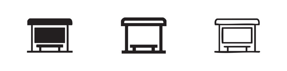Fototapeta premium Bus stop shelter icon in solid, doodle, and outline styles, symbolizing public transport and urban infrastructure.