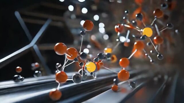 Molecular bonds forming a complex structure with atoms highlighted in bright orange and yellow, representing nanotechnology innovation and advanced scientific progress in biology and medicine