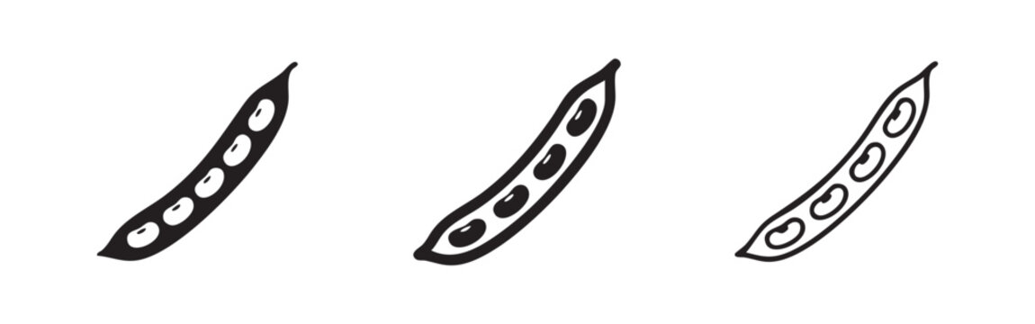 Bean pod with seeds icon set, leguminous vegetable symbol, healthy food sign for various bean types.