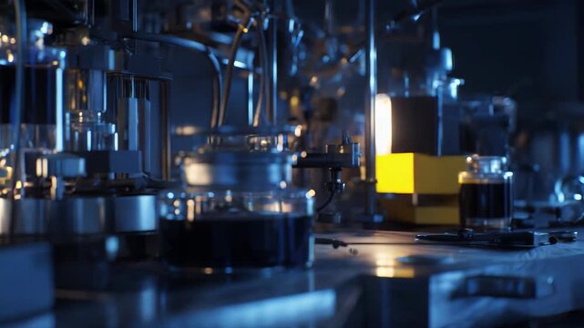Laboratory glassware and complex scientific instruments illuminate a dark, modern research space, focusing on chemical processes, technological innovation, and precise experimental analysis