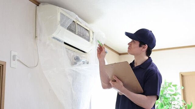 エアコンの動作確認を行い笑顔で説明する清掃スタッフ