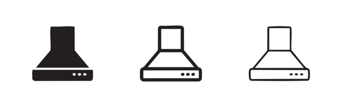 Kitchen hood icon set. Range hood, extractor fan, and ventilation system symbols in solid, outlined, and doodle styles.