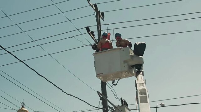 Two Lineworkers Wearing Full PPE Working on High-Voltage Power Lines from a Bucket Truck