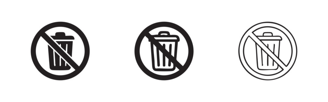 No trash icon set. Forbidden garbage, no littering, and delete prohibition symbols in solid, outlined, and doodle styles.