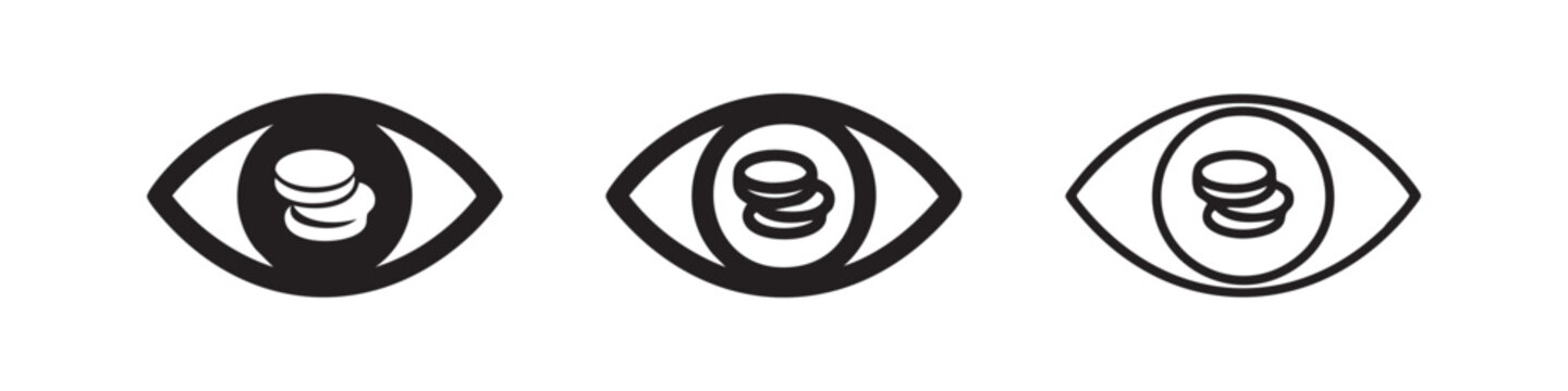 Eye with coins icon set. Financial vision, economic insight, and money-related perception symbols in solid, outlined, and doodle styles.