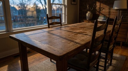 Naklejka premium Wooden dining table with chairs near large windows overlooking urban view