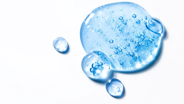 blue cosmetic gel drop with bubbles on white background. Transparent liquid serum texture for skincare skincare product. Hyaluronic acid or moisturizer concept for health industry