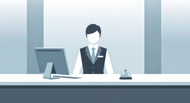 Hotel Receptionist at Front Desk with Computer and Service Bell
