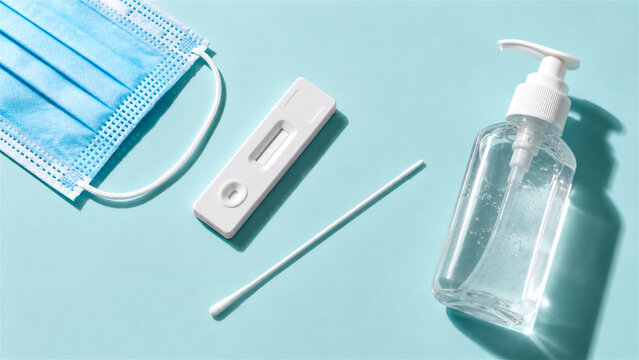 medical face mask, rapid antigen test kit and hand sanitizer on blue background. Equipment for protection and disease diagnosis during viral outbreak. Health safety and hygiene concept
