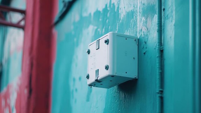 White modern electrical enclosure mounted on a textured teal wall, contrasting with a red industrial structure, suggesting urban infrastructure and technology