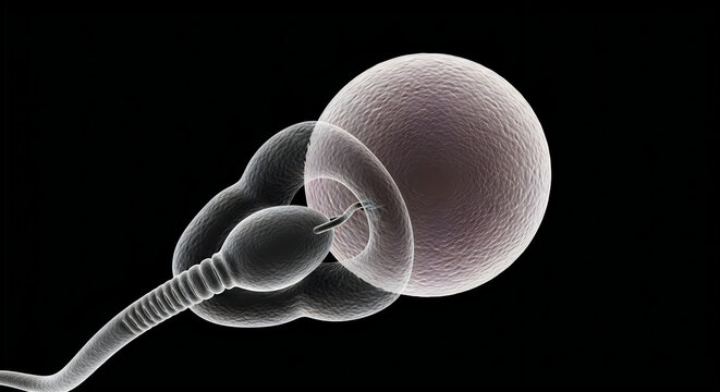 Scanning electron microscope image of a sperm cell interacting with an egg cell