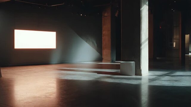 Minimalist architectural interior creating a modern empty gallery with concrete elements and an illuminated screen, receiving strong geometric light and shadow patterns
