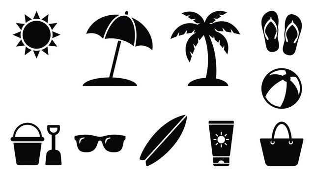 Summer holiday silhouette icons featuring palm tree sun parasol and beach bag accessories for tourism.