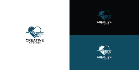 Abstract heart shape logo design with musical notes and sound waves on white and dark backgrounds © micky_adb
