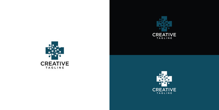 Abstract medical cross logo with digital elements, representing innovative healthcare technology, interconnected data, and modern scientific solutions for health brands