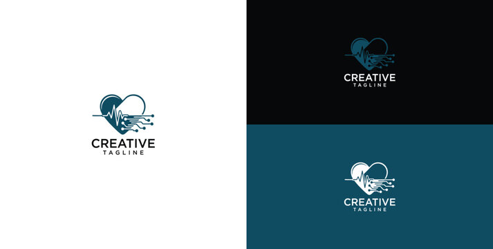Abstract heart shape logo design with musical notes and sound waves on white and dark backgrounds