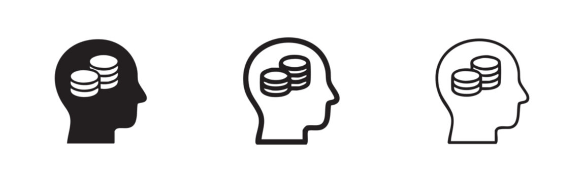 Set of three head with coins icons: solid, outline with fill, and outline