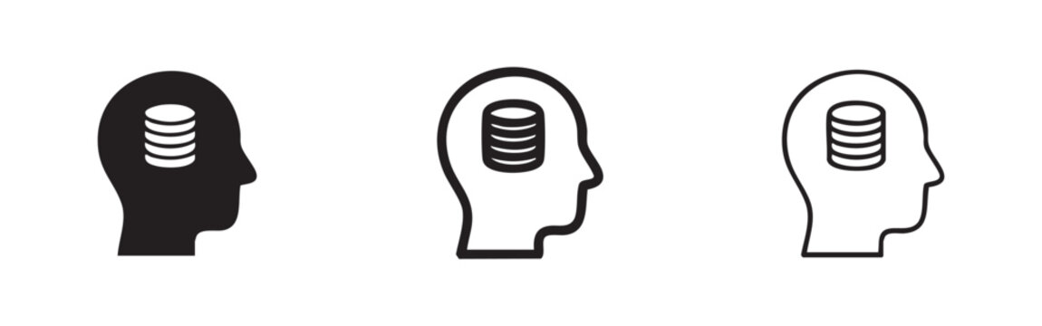 Set of three head with coins stack icons: solid, outline with fill, and outline