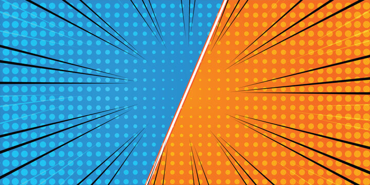 Pop art retro comic background. Abstract cartoon cover with versus lightning. Blue and orange vs frames for manga book.
