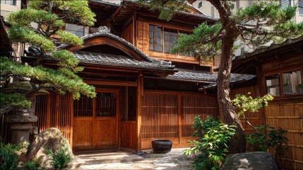 Obraz premium Traditional wooden Japanese house with tiled roof, small garden, and meticulously trimmed trees