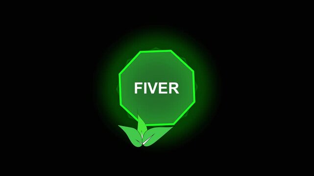 Fiver green octagon with leaves and neon glow. Fiver symbol for freelance gig economy marketplace. Fiver animation for online professional services.