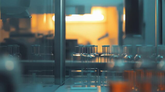 Scientific research facility with rows of glass vials and beakers on a conveyor, sterile equipment glowing under ambient light to convey modern pharmaceutical production and chemistry advancements