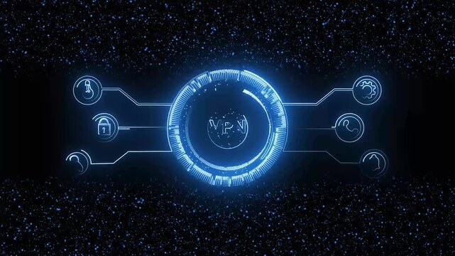 VPN digital interface with glowing blue particles. VPN security concept for anonymous web connection. VPN animation for virtual private network protection.