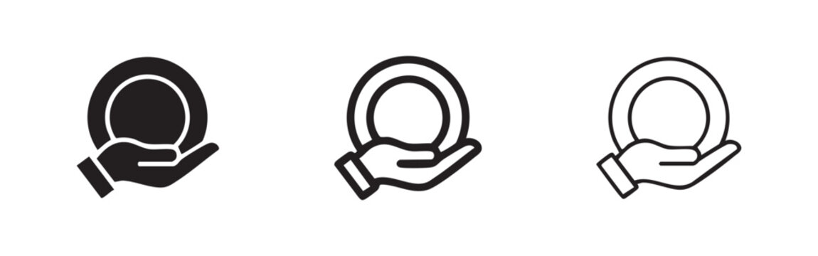 Hand holding plate icon: solid black, outline with fill, and outline