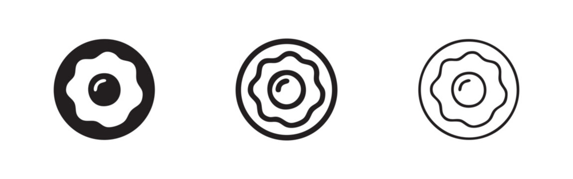 Fried egg icons: solid black, outline with fill, and outline