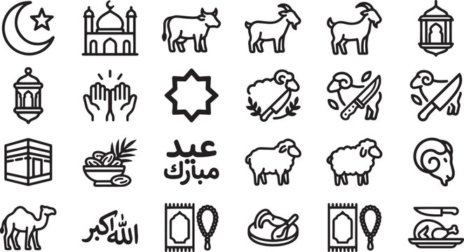 Eid al-Adha and Qurbani Mega Icon Set - Sacrifice Animals, Islamic Rituals, and Festival Symbols - Minimalist Bold Outline Illustration