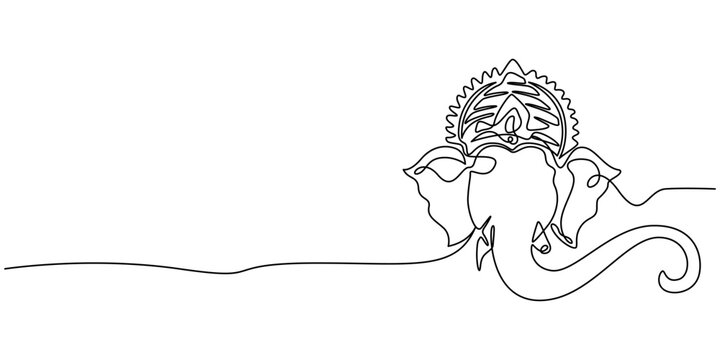 One continuous line drawing of Lord Ganesha writing with the Om symbol for Ganesh Chaturthi, Ganesha sitting in meditation with axe in continuous one line art style, Vector One line art. Illustration