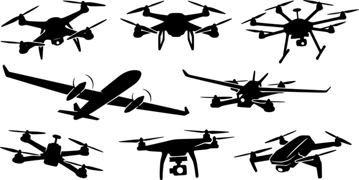 Northern Flying drone silhouette, Drone silhouettes, Flying drone, Flying drone vector illustration, Drone silhouette, Drone vector set