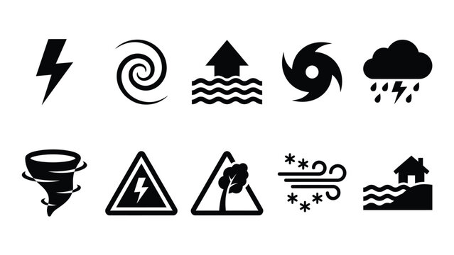 Black silhouette weather hazard and disaster warning symbol collection.