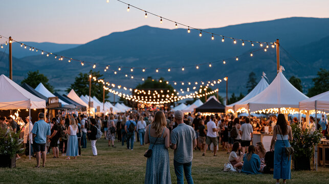 Wide establishing view of a June solstice open-air festival field at dusk, food vendor tents and fairy-lit stages spreading across a meadow, crowds of attendees moving between attractions, summer ev