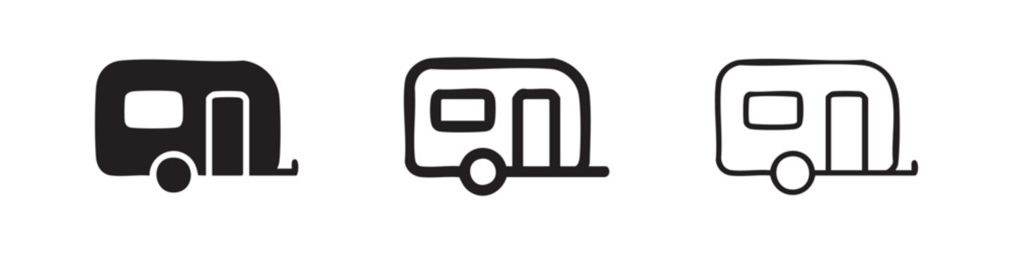 Travel Trailer Icon Set - Caravan Camping Symbols in Solid, Outline, and Line Art Styles