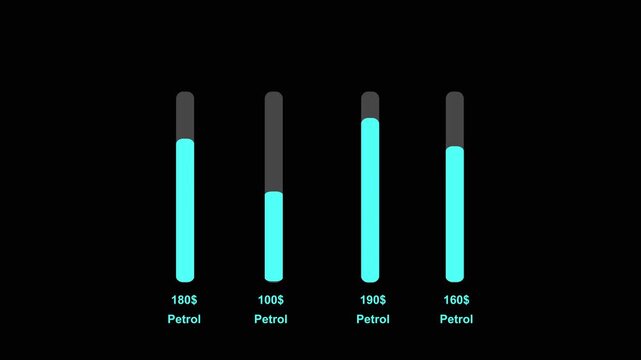 Petrol prices and fuel levels on vertical bar chart. Petrol prices data visualization for energy costs. Petrol prices animation for global oil market trends.