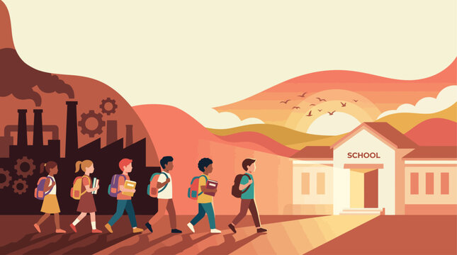 World Day Against Child Labour banner with group of students walking away from dark industrial factory toward school vector illustration